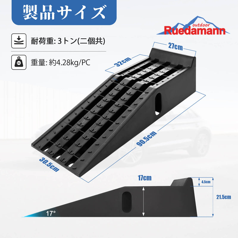 Ruedamann® カースロープ長さ90.5cm*幅30.5cm*高さ17cm 車止め耐荷重3トン 止め滑り 2個セット 黒-‎CR09295-寸法