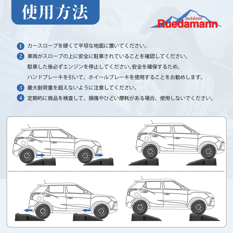 Ruedamann® カースロープ長さ90.5cm*幅30.5cm*高さ17cm 車止め耐荷重3トン 止め滑り 2個セット 黒-‎CR09295-使用方法
