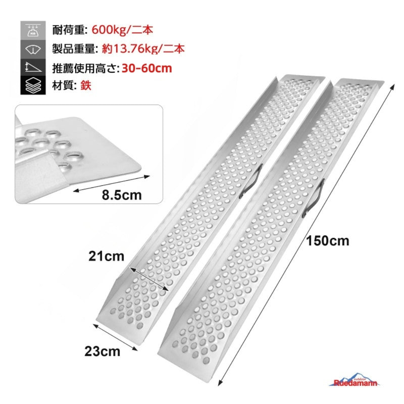 Ruedamann®スチール製ローディングスロープ 長さ150cm*幅23cm 積載スロープ 耐荷重300kg/本